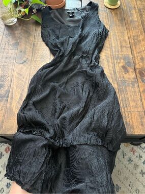 Sz M Black Simply Silk Sleeveless Midi Layered Dress with Textured Pattern